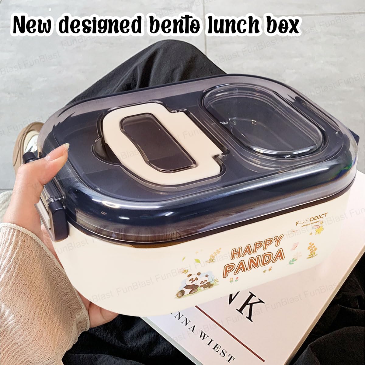 Panda Theme Lunch Box for Kids, Tiffin Box with Spoon and Coin Pouch, Lunch Box for School Kids, SS304 Lunch Box, Air-Tight Lunch Box (Black)