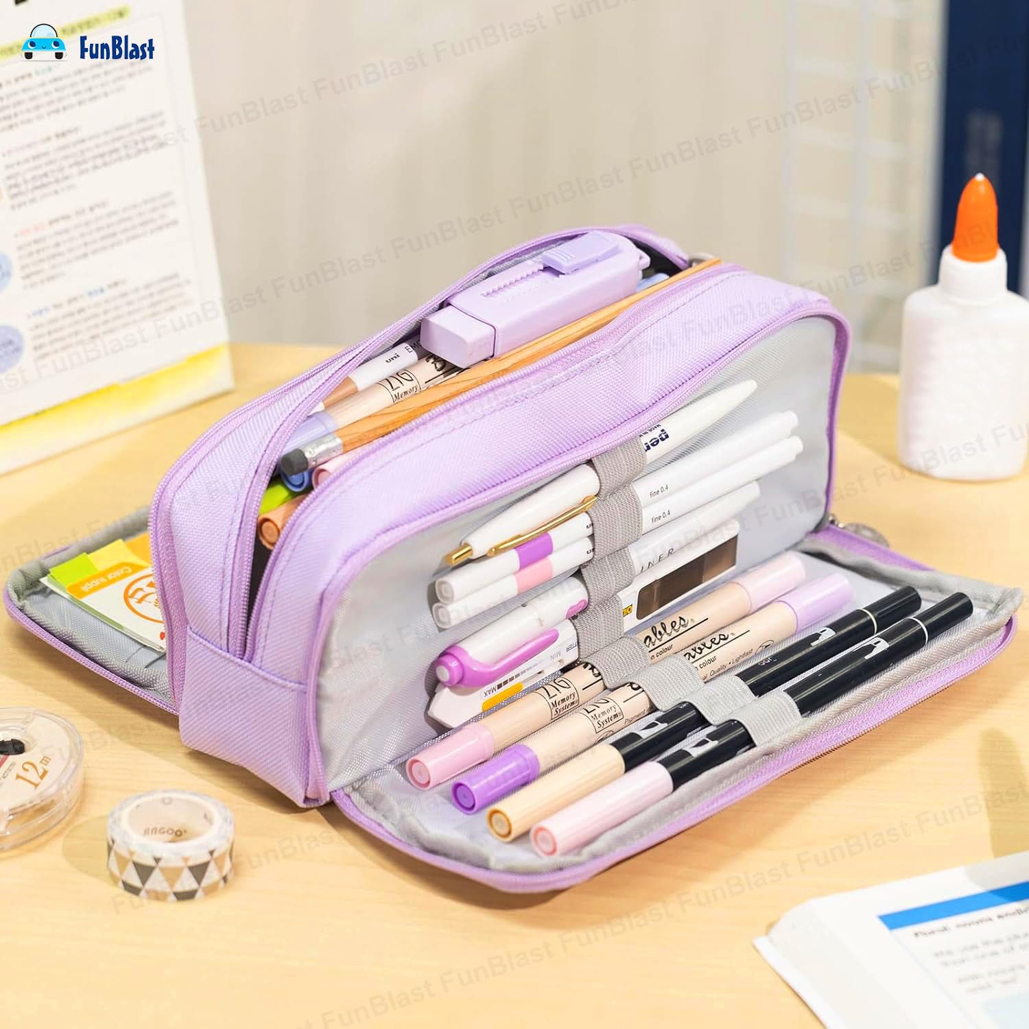 Multi-Compartment Canvas Stationery Organizer Pouch for Kids (Purple)