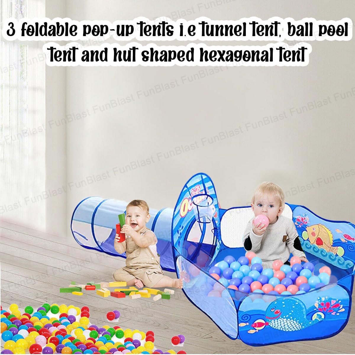 Ocean Theme 3 in 1 Kids Tent with Tunnel, Ball Pool Tunnel Tent House for Kids, Ball Pit Play House Theme for Boys Girls, Babies and Toddlers Indoor& Outdoor (Balls Not Included)