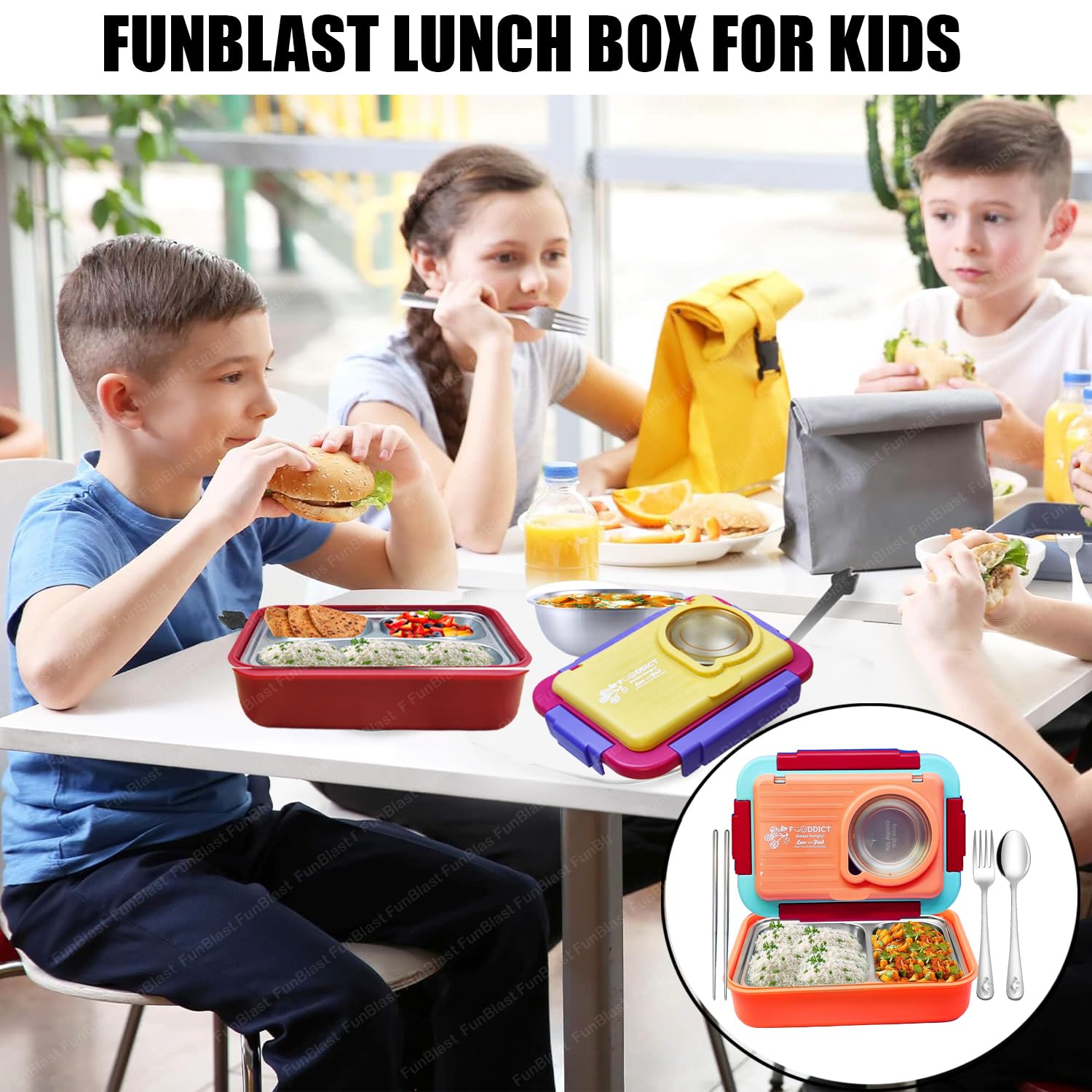 Lunch Box for Kids – Tiffin Box, Stainless Steel Lunch Box, Insulated Bento Lunch Box for Kids, 5 Compartment Lunch Box with Bowl, Spoon, Fork & Chopstick (Peach)