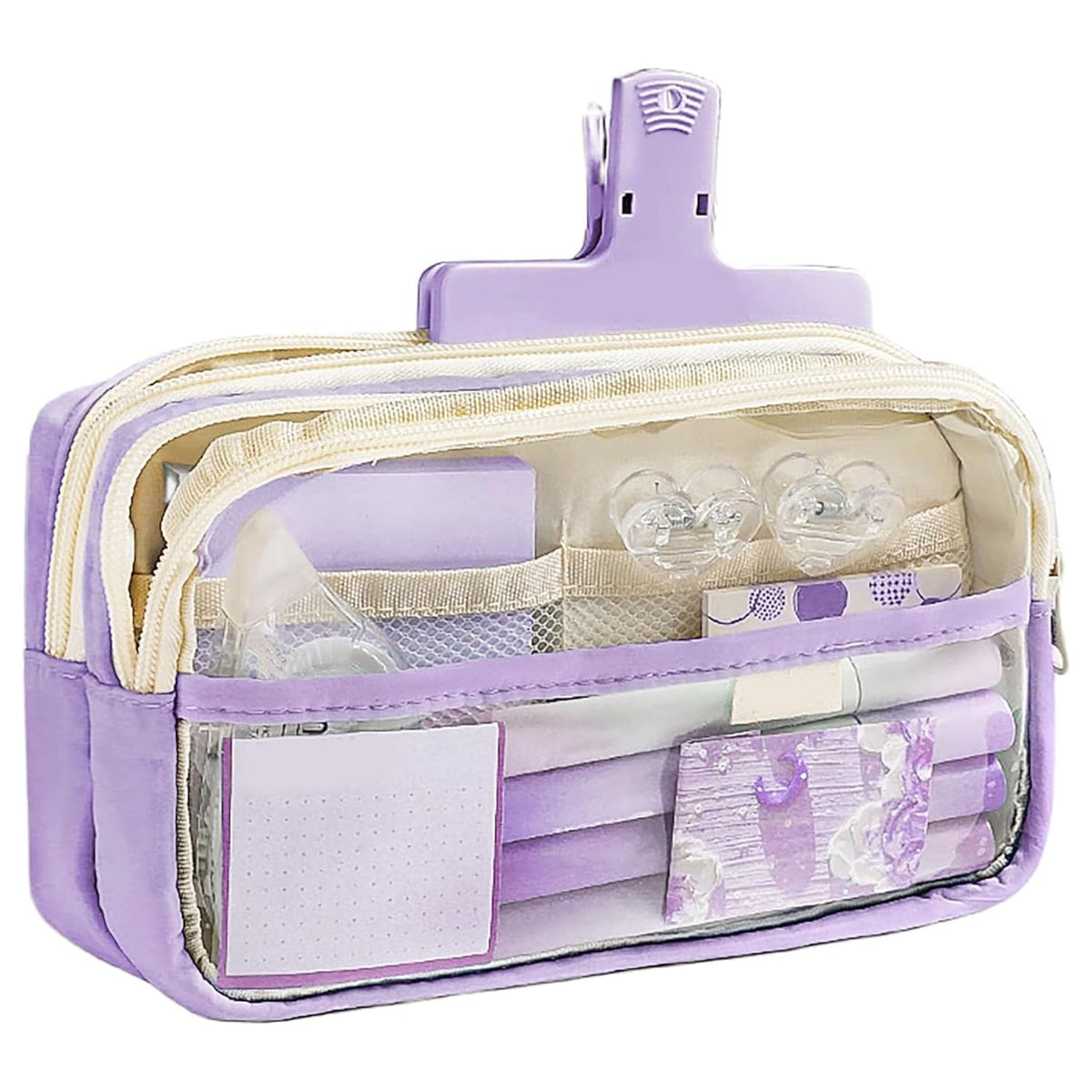 Multiple Compartment Double Zipper Pencil Pouch for Kids (Purple)