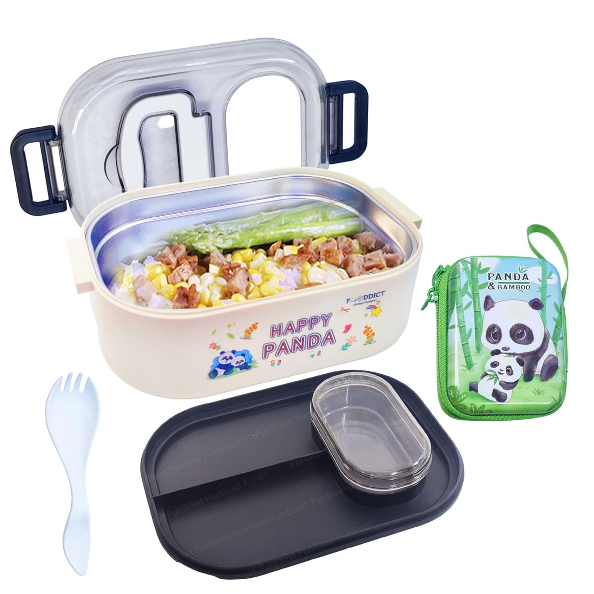 Panda Theme Lunch Box for Kids, Tiffin Box with Spoon and Coin Pouch, Lunch Box for School Kids, SS304 Lunch Box, Air-Tight Lunch Box (Black)