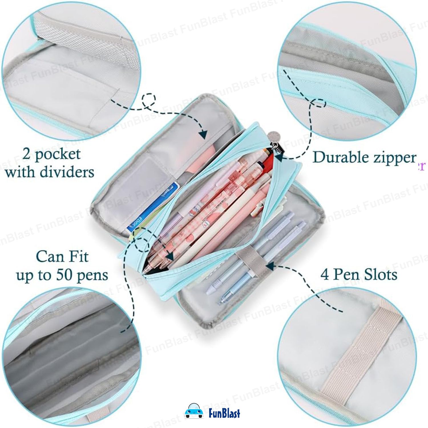 Multi-Compartment Canvas Stationery Organizer Pouch for Kids (Sky Blue)