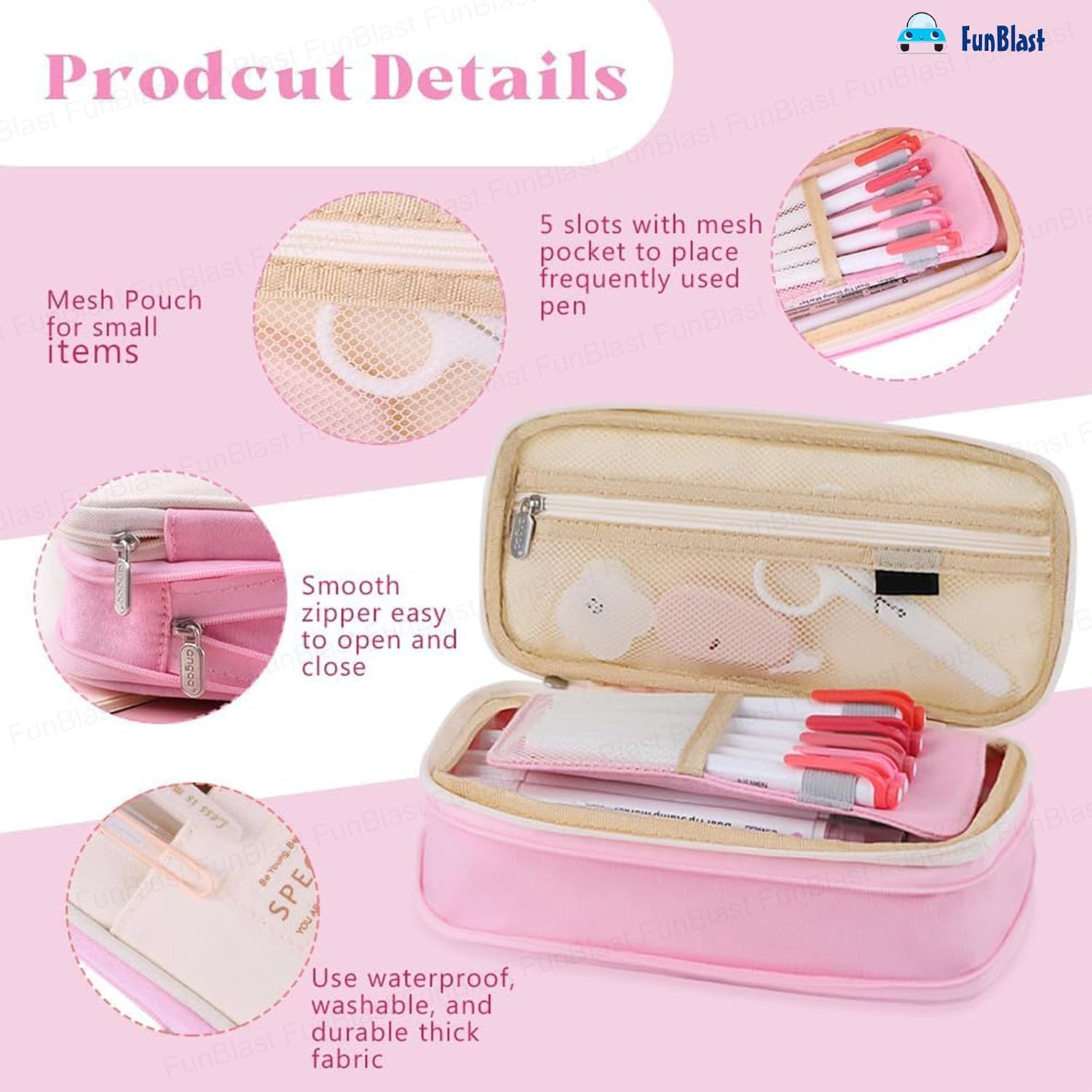 Multi-Compartment Double Zipper Portable Pencil Pouch for Kids (Pink)