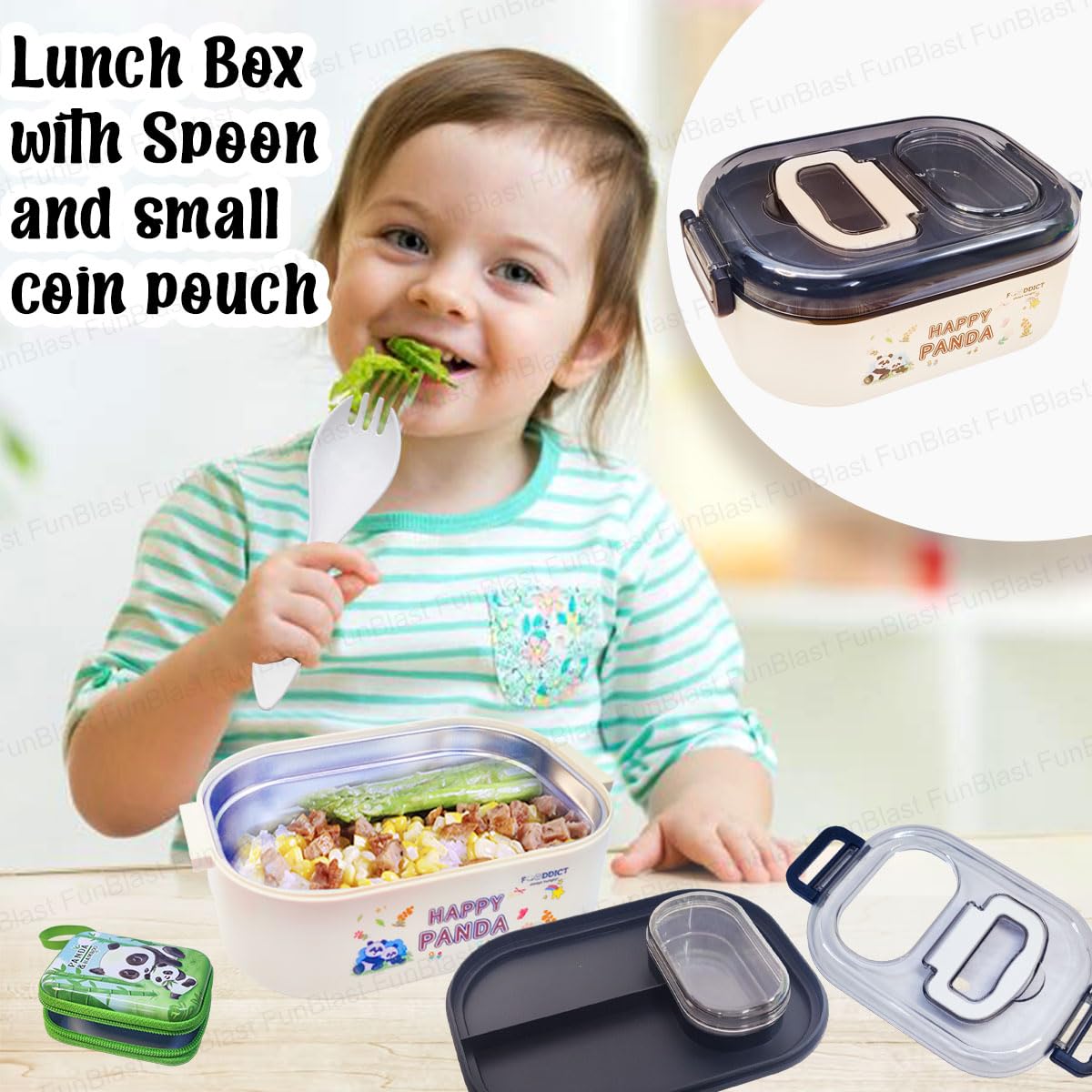 Panda Theme Lunch Box for Kids, Tiffin Box with Spoon and Coin Pouch, Lunch Box for School Kids, SS304 Lunch Box, Air-Tight Lunch Box (Black)