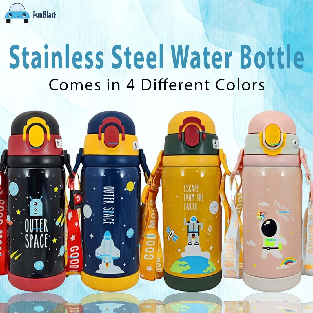 Cartoon Design Hot & Cold Water Bottle for Kids – Dual Cap Bottle with Straw & Wide Mouth Cap – 450ML