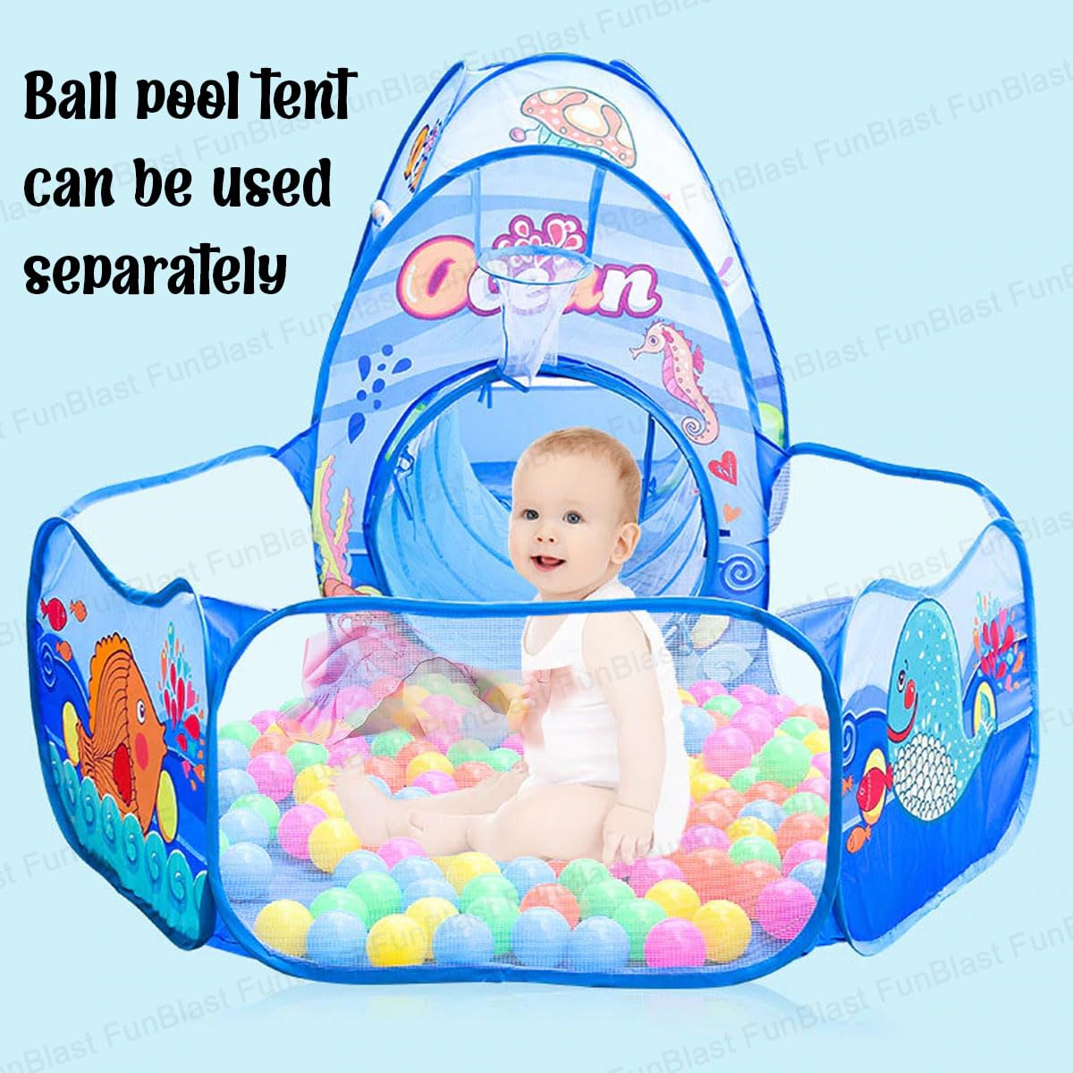 Ocean Theme 3 in 1 Kids Tent with Tunnel, Ball Pool Tunnel Tent House for Kids, Ball Pit Play House Theme for Boys Girls, Babies and Toddlers Indoor& Outdoor (Balls Not Included)