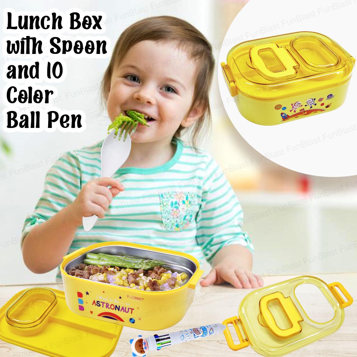 Astronaut and Space Theme Lunch Box with Spoon and 10 Color Ball Pen, Lunch Box for School Kids, SS304 Lunch Box, Air-Tight Lunch Box, Insulated Lunch Box