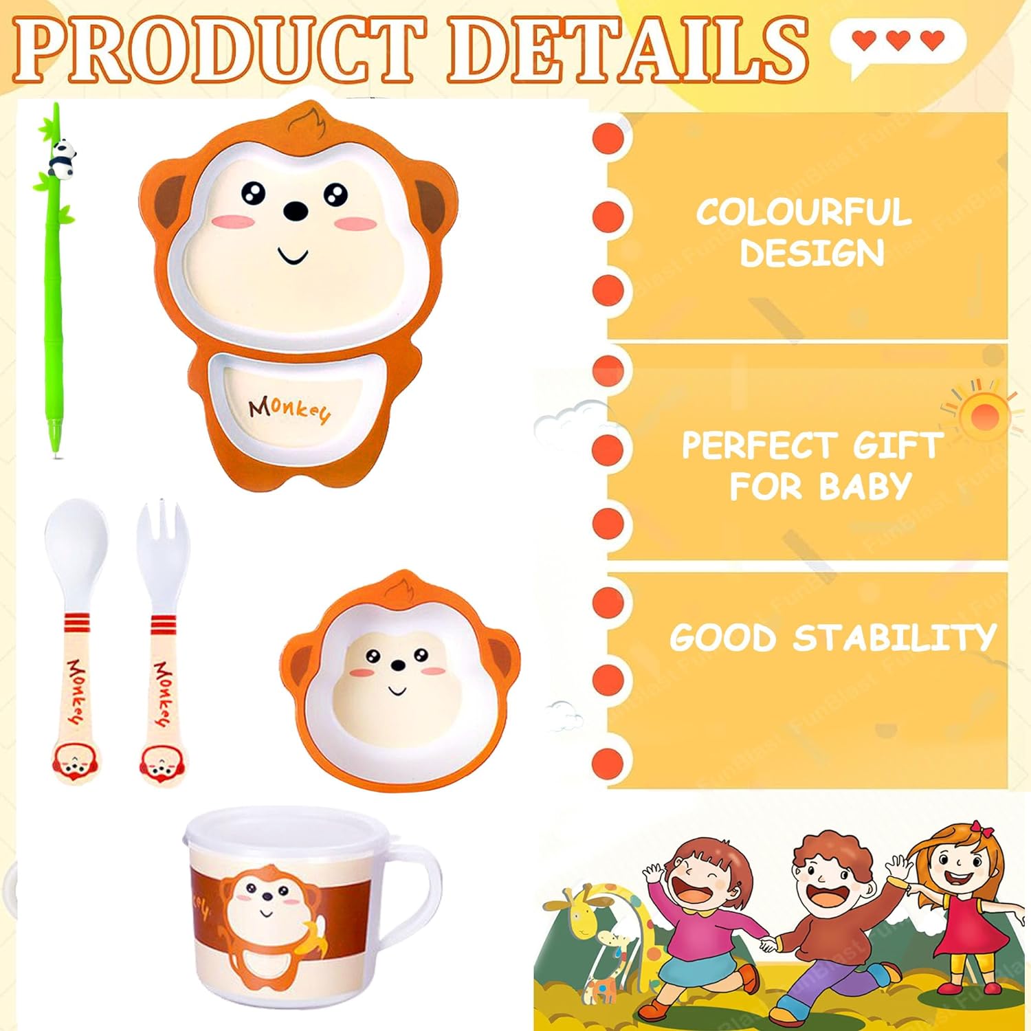 Bamboo Fibre Feeding Tableware Set for Kids – Monkey Design Bamboo Fibre Plate, Bowl, Cup, Spoon and Fork for Kids