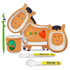 Bamboo Fibre Feeding Tableware Set for Kids – Horse Design Bamboo Fibre Plate, Bowl, Cup, Spoon and Fork for Kids