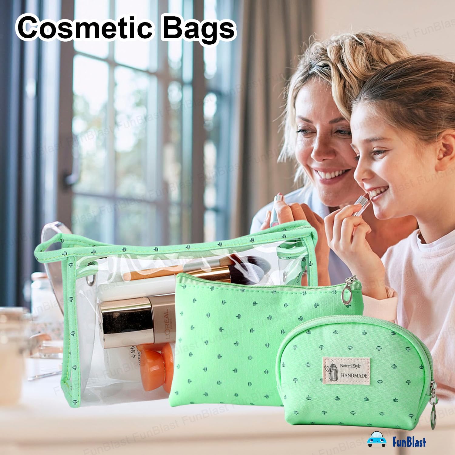 3 Pcs Cosmetic Makeup Pouch with Zipper Lock for Women (Green)