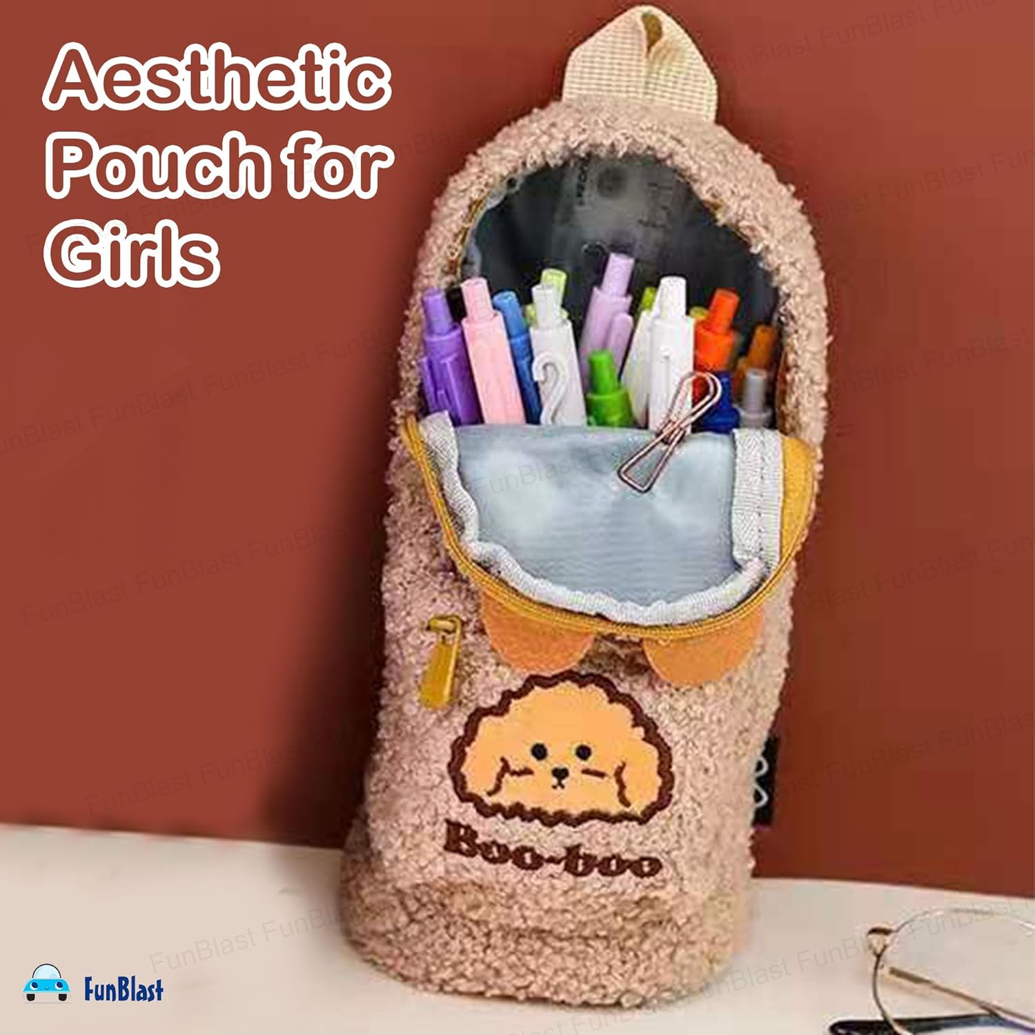 Soft Plush Zipper Pouch for Girls (LightBrown)
