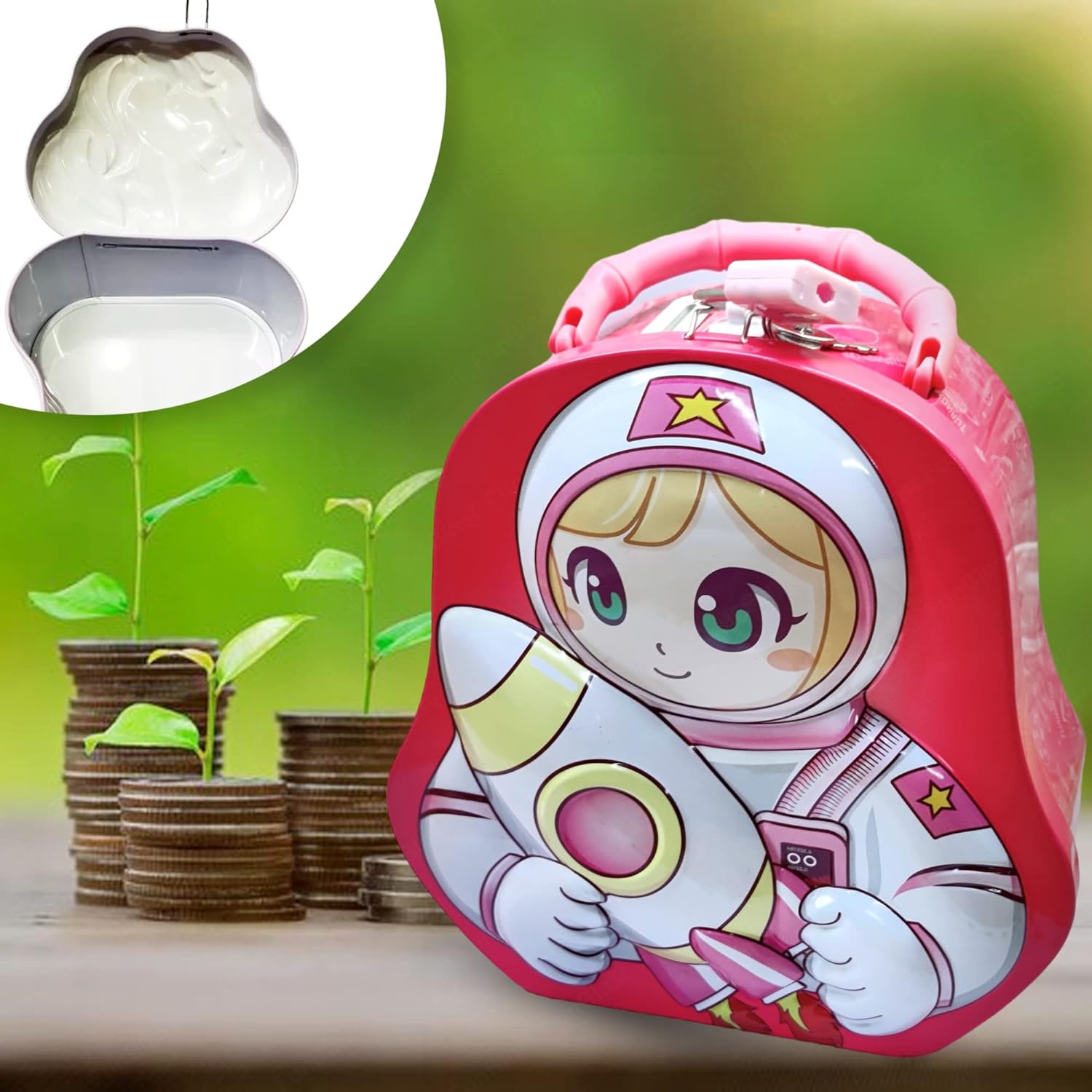 Piggy Bank for Kids – Space Theme Coin Box, Coin Bank with Lock and Key, Metal Coin Box for Kids, Money Bank, Coin Box for Girls