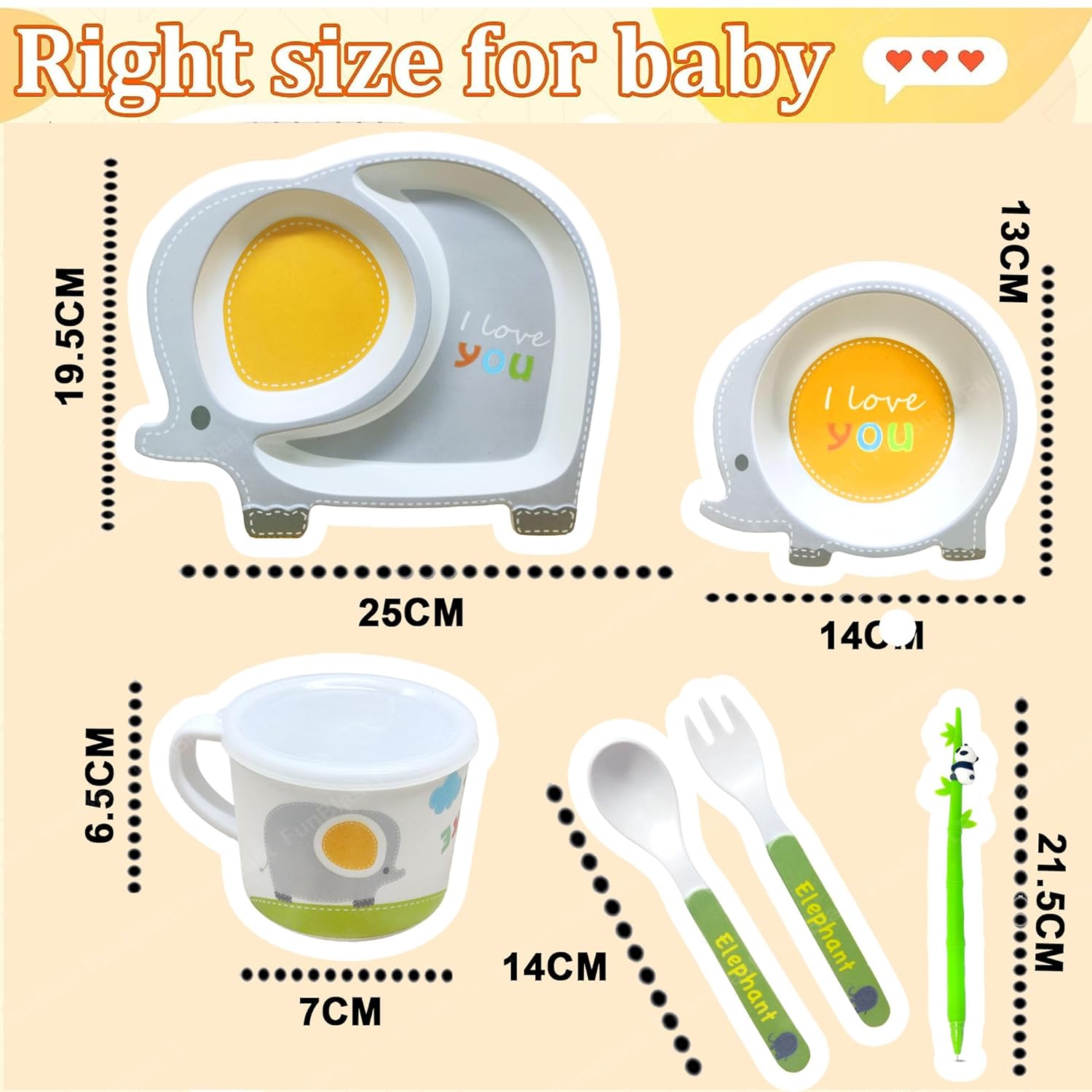 Bamboo Fiber Feeding Tableware Set for Kids – Elephant Design Bamboo Fiber Plate, Bowl, Cup, Spoon and Fork Kids