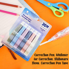 Correction Tape - Pack of 6 Pcs Correction Tape 30 Meter X 5 MM for Journal, Correction Pen, Whitener for Correction, Stationary Items, Correction Pen Tape