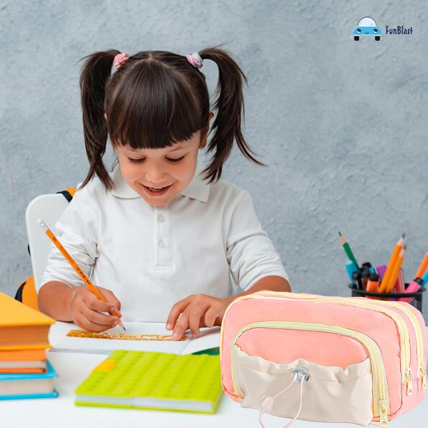 Kawaii Pencil Pouch With Drawstring Pocket (Pink)