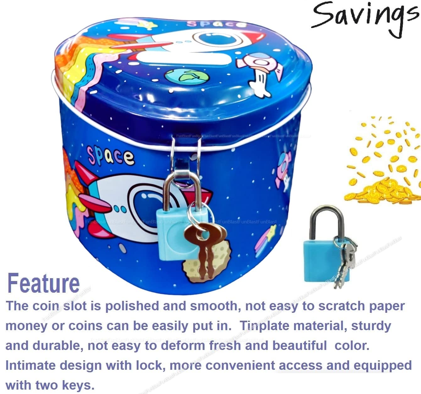 Piggy Bank for Kids – Space Money Saving Tin Coin Bank with Lock and Key – Birthday Return for Boys & Girls, Money Bank, Coin Box for Kid