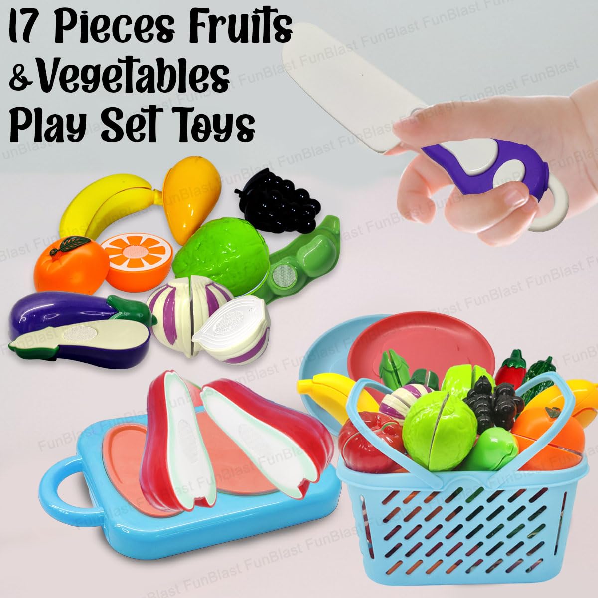 Fruits and Vegetables Play Set Toys, Realistic Sliceable Cutting Pretend Play Kitchen Toys for Kids (17 Pieces)
