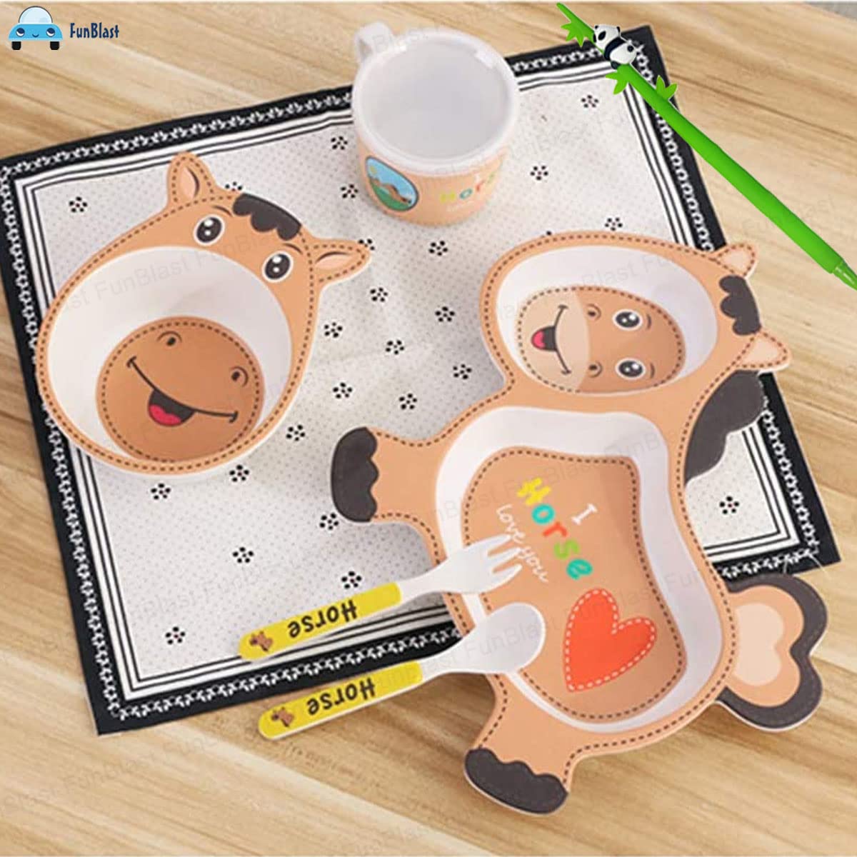 Bamboo Fibre Feeding Tableware Set for Kids – Horse Design Bamboo Fibre Plate, Bowl, Cup, Spoon and Fork for Kids