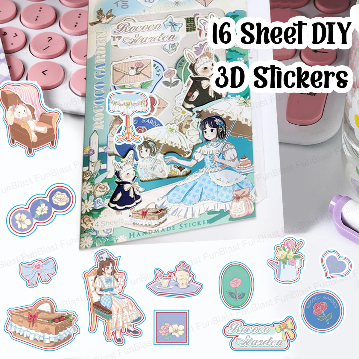 Kawaii Stickers Set – 16 Sheet (100+ Pcs) DIY 3D Stickers for Girls, Aesthetic Sticker, Stickers for Journaling, Scrapbooking, Cute Stickers Set (Girls & Flowers 4x4=16 Sheets)