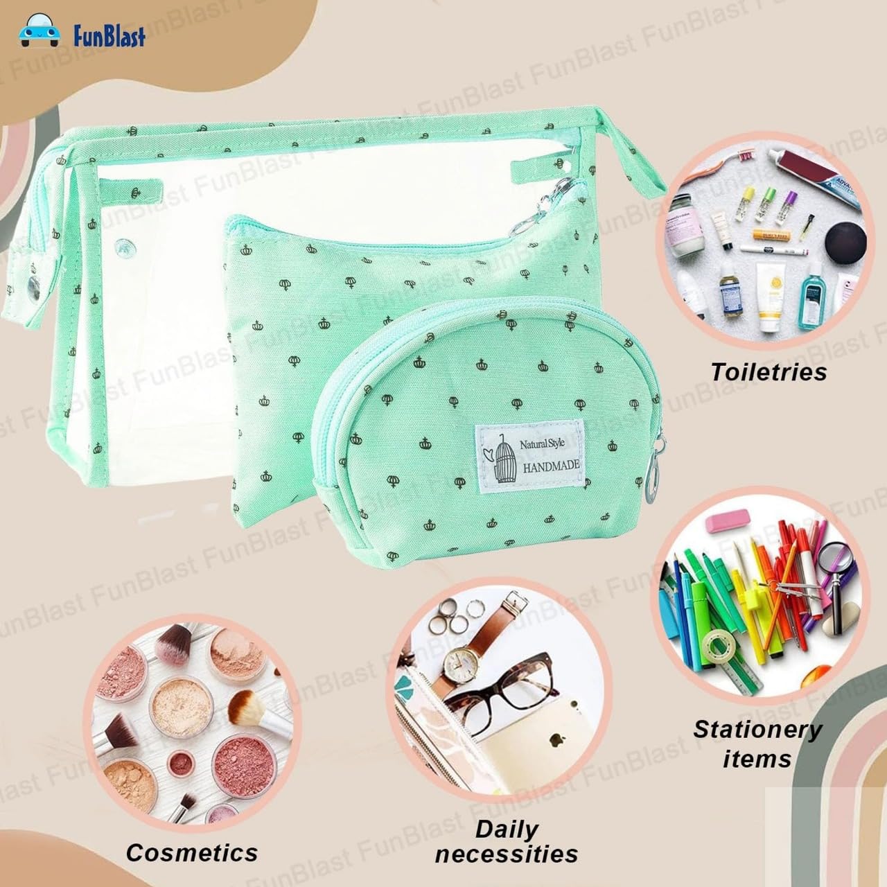 3 Pcs Cosmetic Pouch Makeup Pouch with Zipper Lock (Light Blue)