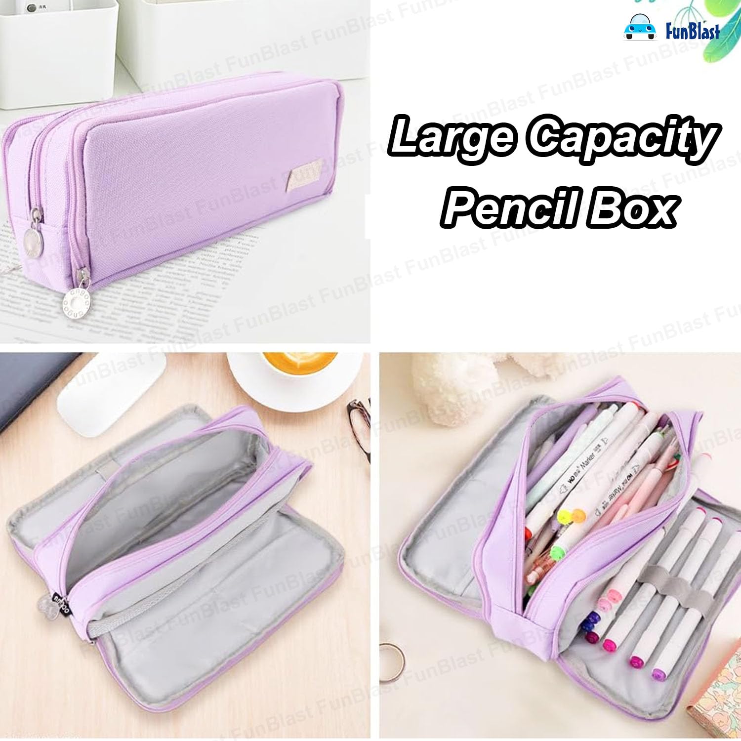 Multi-Compartment Canvas Stationery Organizer Pouch for Kids (Purple)