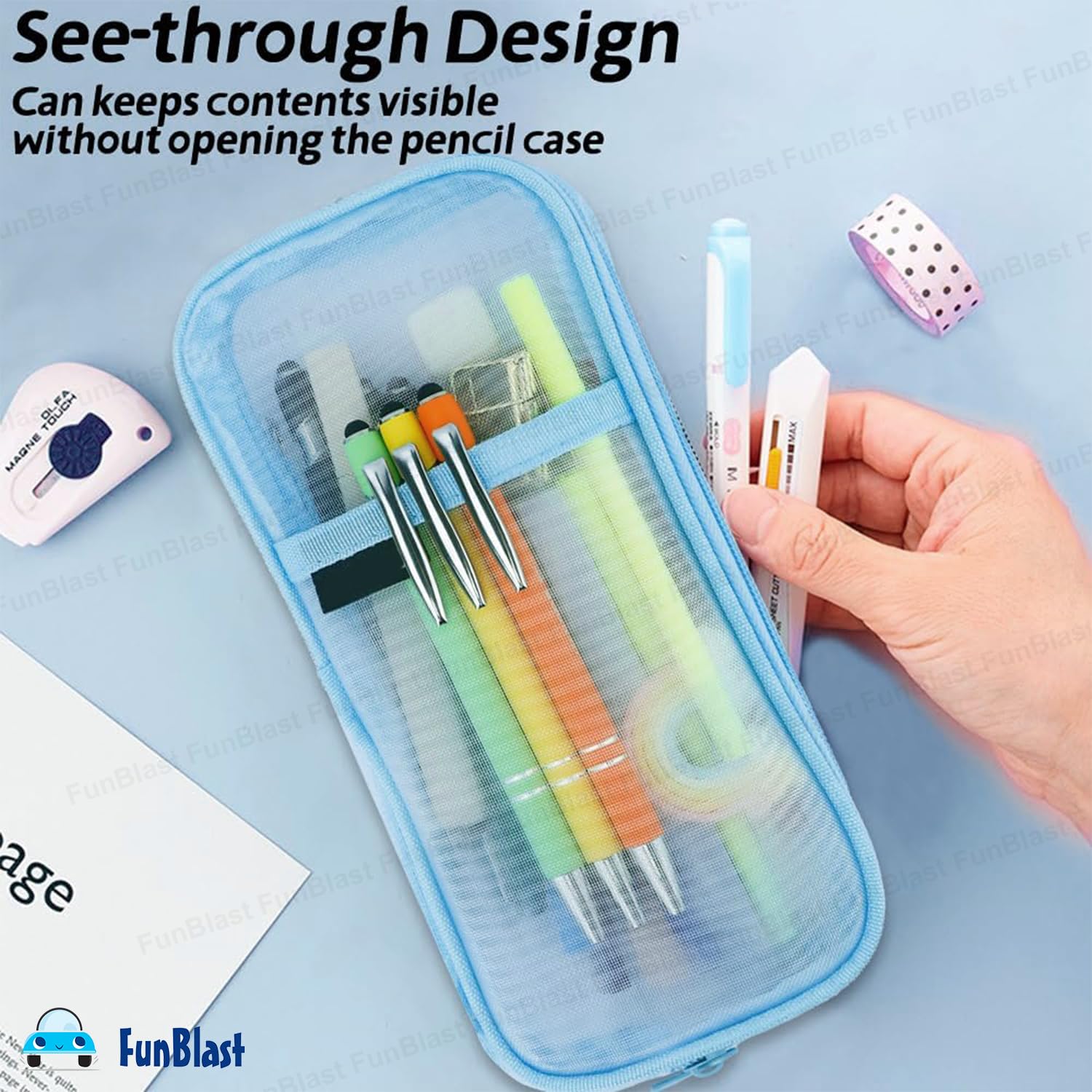 Transparent Pencil Pouch with Zipper Closure for Students (Blue)