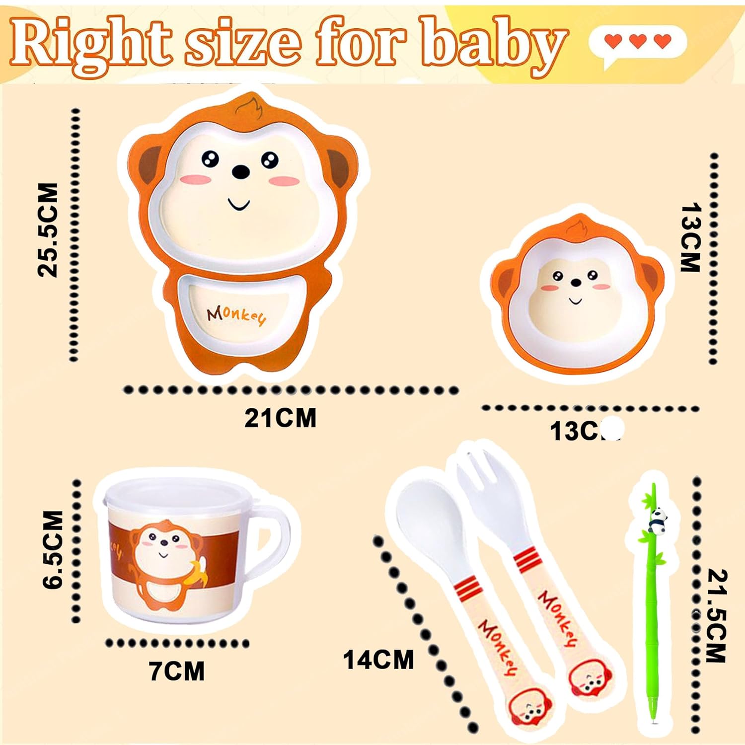 Bamboo Fibre Feeding Tableware Set for Kids – Monkey Design Bamboo Fibre Plate, Bowl, Cup, Spoon and Fork for Kids