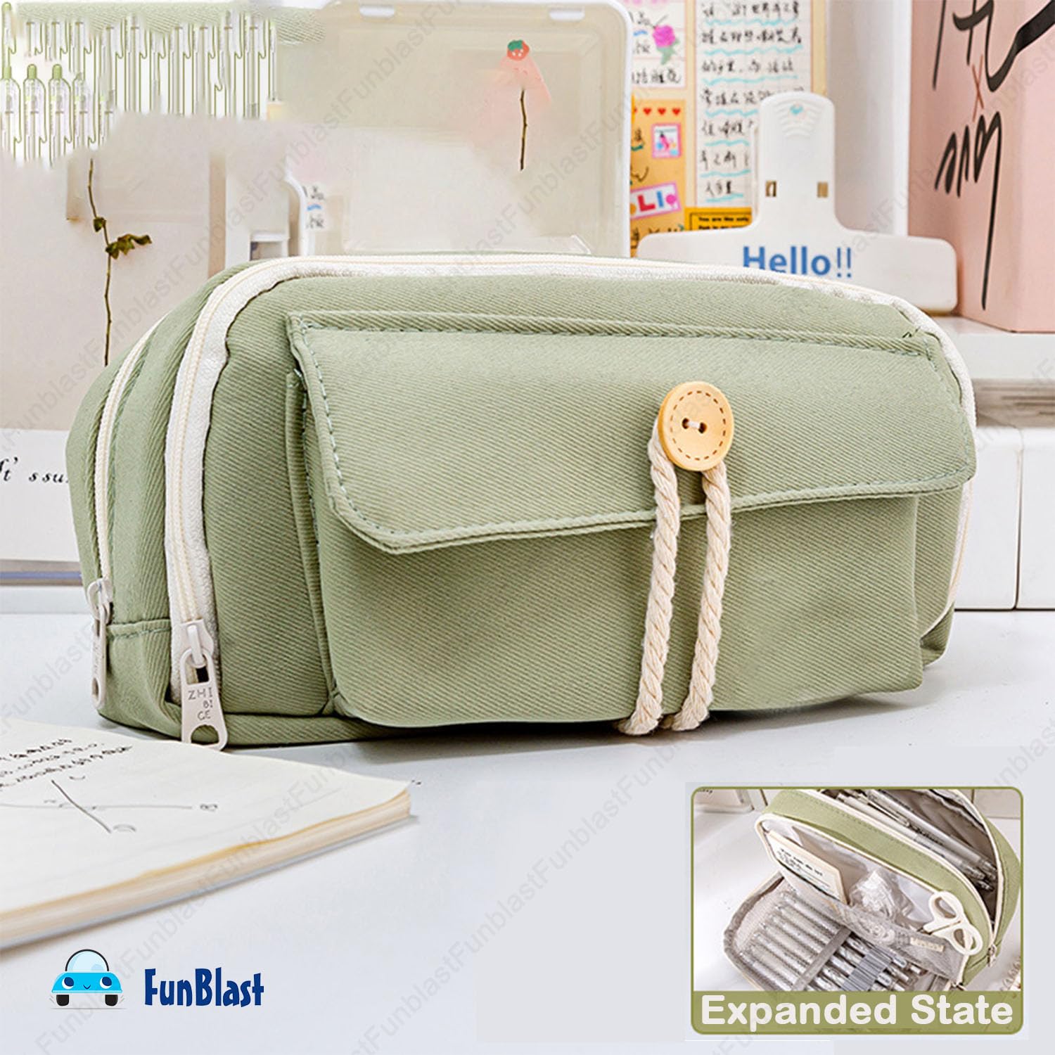 Large Capacity Stationary Organizer Case with Zipper Lock (Green)