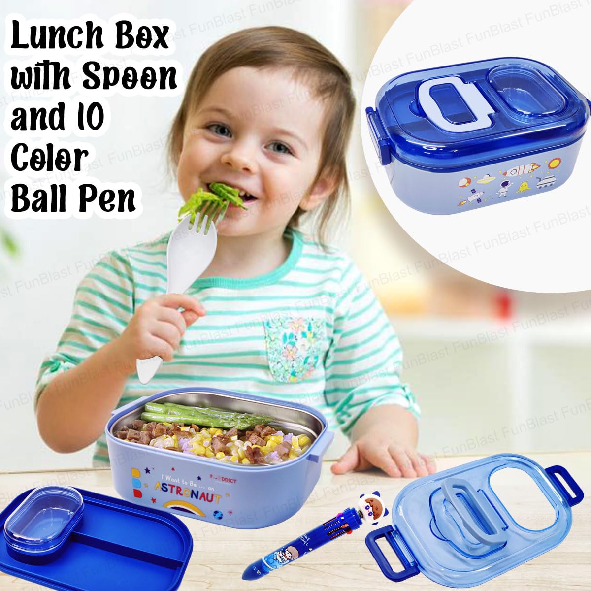 Astronaut and Space Theme Lunch Box with Spoon and 10 Color Ball Pen, Lunch Box for School Kids, SS304 Lunch Box, Air-Tight Lunch Box, Insulated Lunch Box