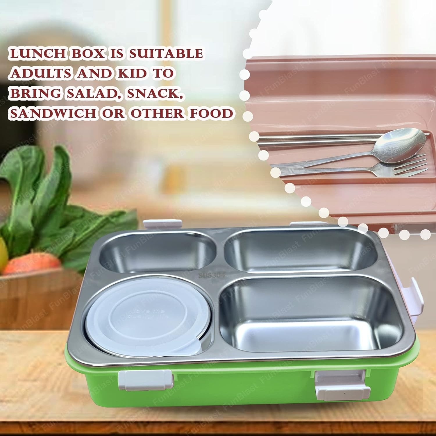 Stainless Steel Lunch Box for Kids, Tiffin Box with Spoon and Fork, Bento Lunch Box, Insulated Lunch Box, Lunch Box for Kids, Office Women & Men (Not Leak-Proof - for Dry Foods Only)