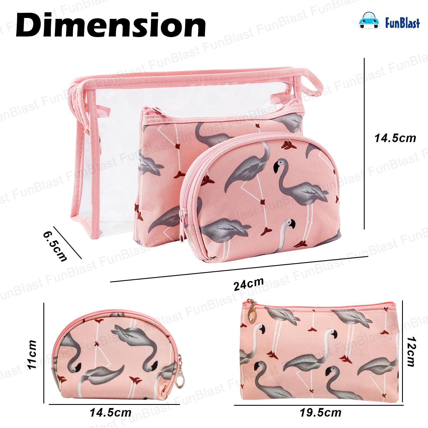 3 Pcs Flamingo Design Makeup Pouch with Zipper Lock for Girls & Women (Peach)