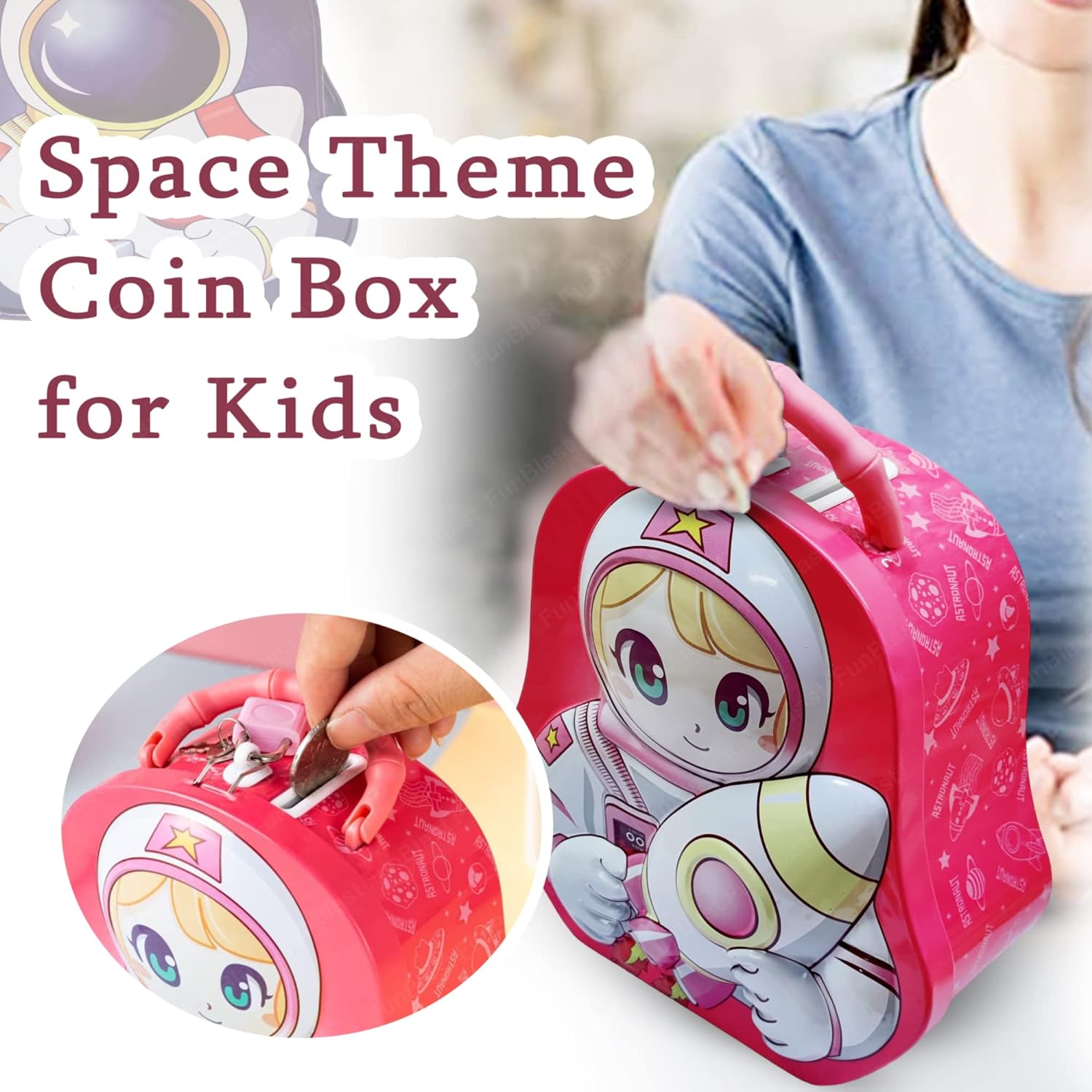 Piggy Bank for Kids – Space Theme Coin Box, Coin Bank with Lock and Key, Metal Coin Box for Kids, Money Bank, Coin Box for Girls