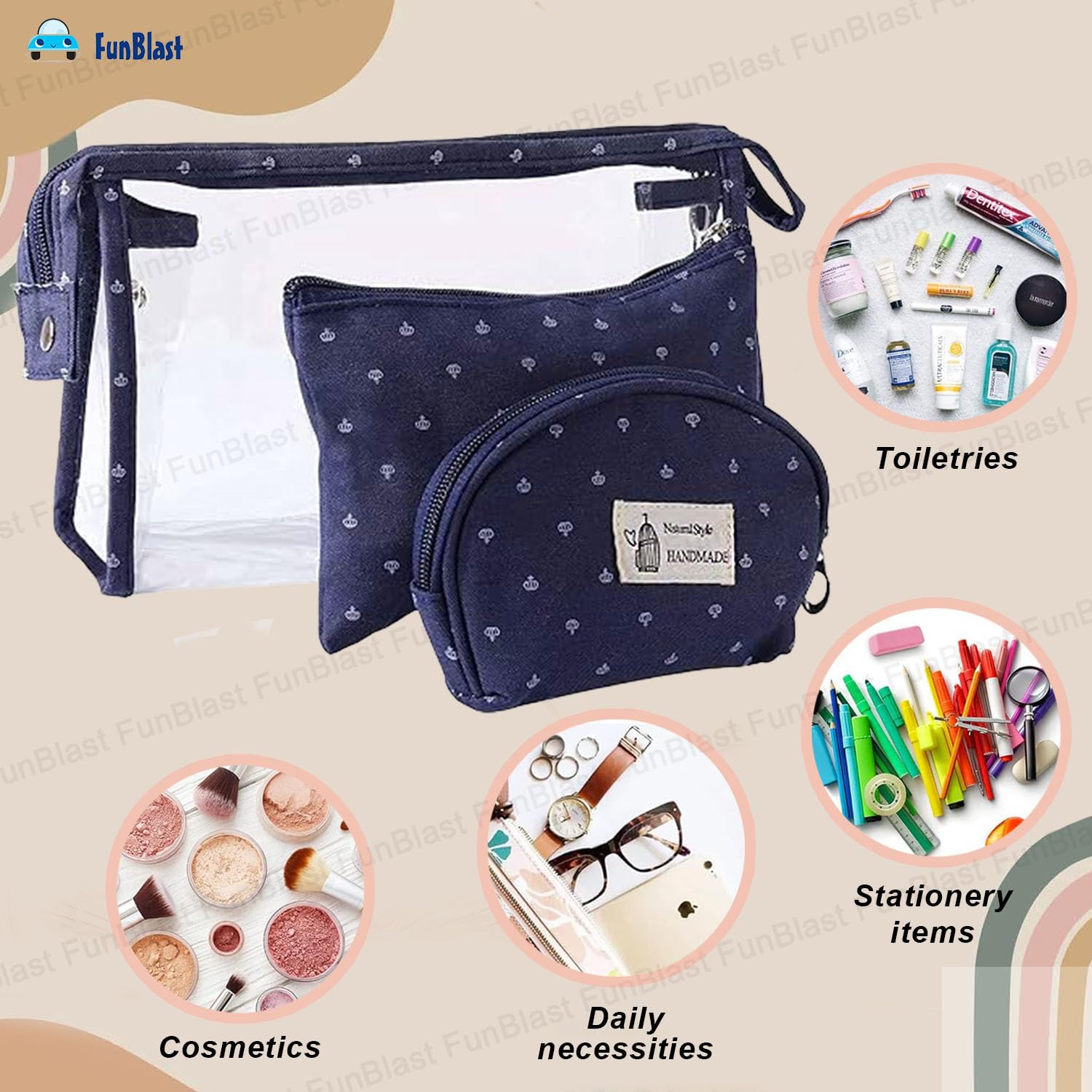 3 Pcs Cosmetic Makeup Pouch with Zipper Lock for Women (Blue)