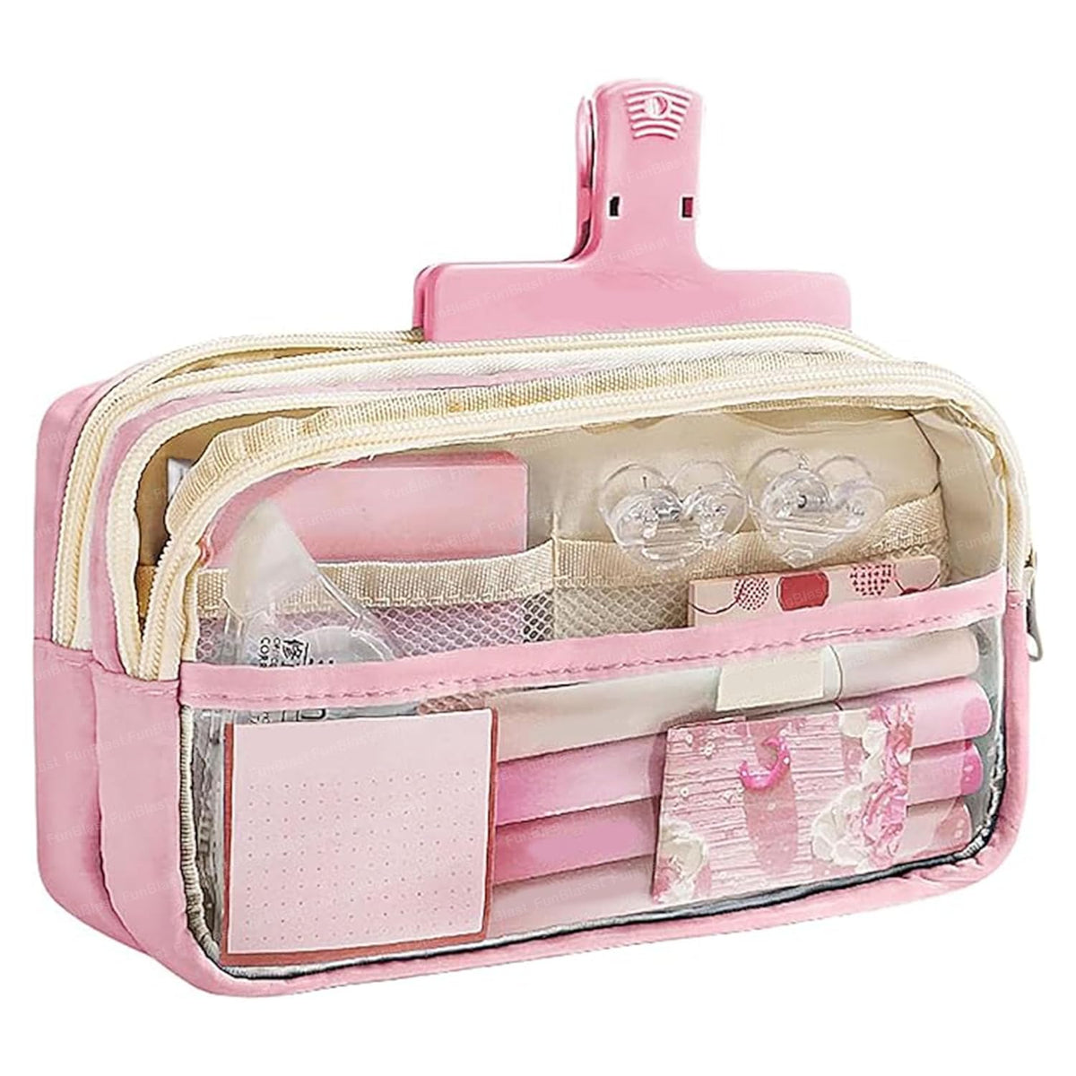 Multiple Compartment Double Zipper Pencil Pouch for Kids (Pink)