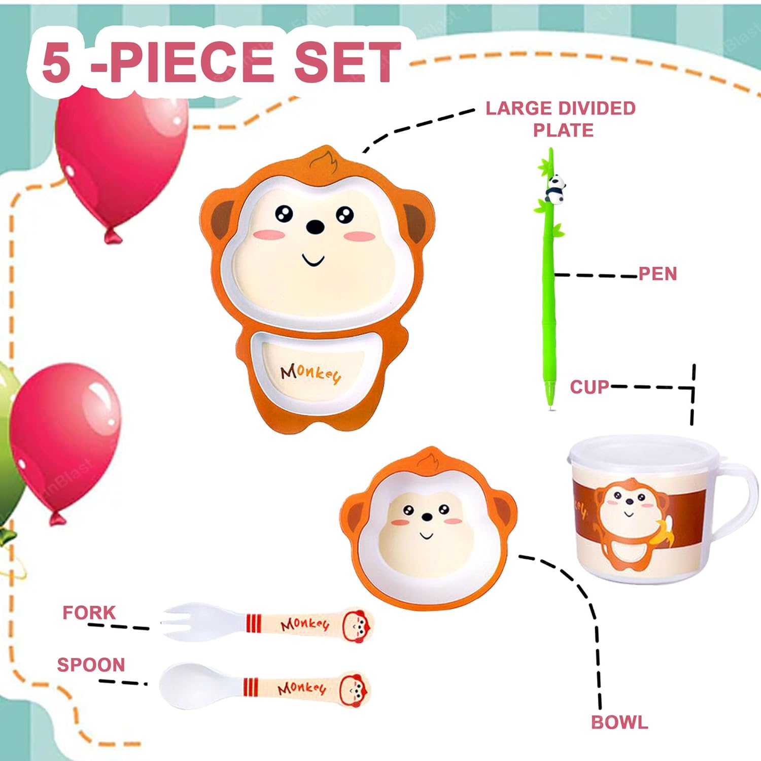 Bamboo Fibre Feeding Tableware Set for Kids – Monkey Design Bamboo Fibre Plate, Bowl, Cup, Spoon and Fork for Kids