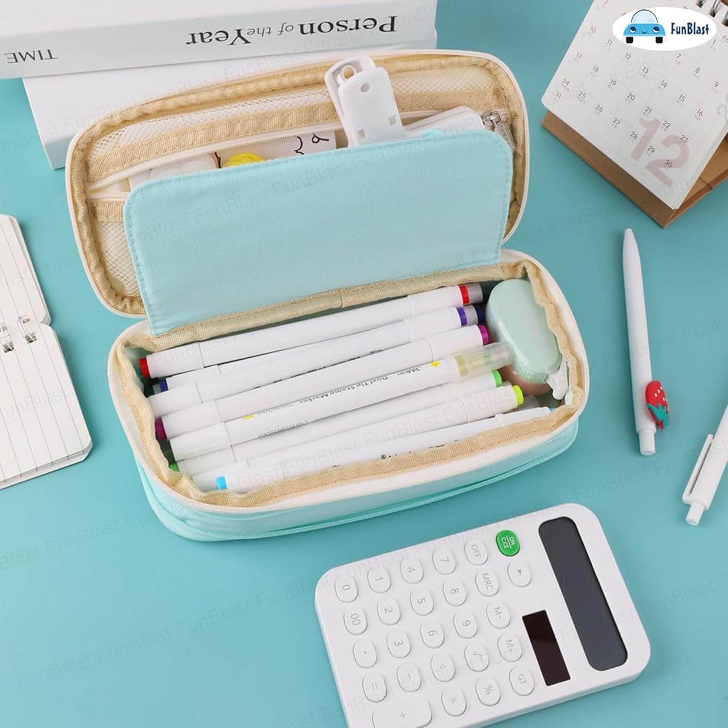 Multi-Compartment Double Zipper Portable Pencil  Pouch for Kids (Seagreen)