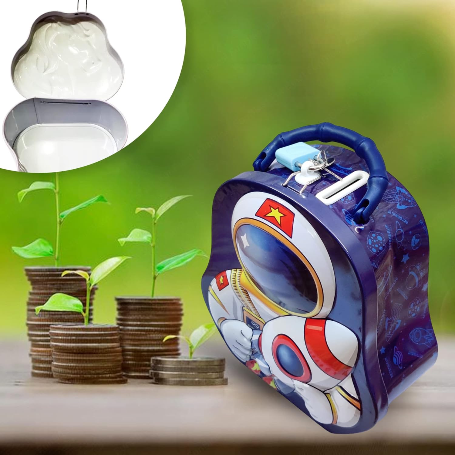 Piggy Bank for Kids – Space Theme Coin Box, Coin Bank with Lock and Key, Metal Coin Box for Kids, Money Bank, Coin Box for Girls