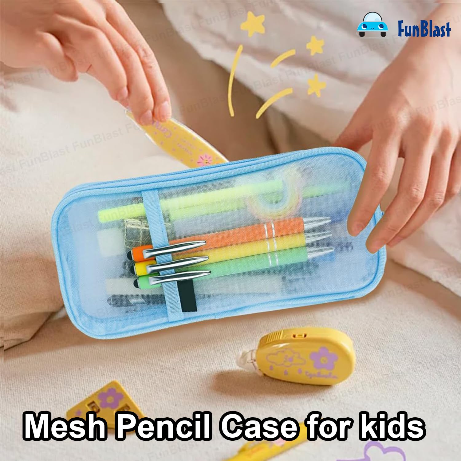 Transparent Pencil Pouch with Zipper Closure for Students (Blue)