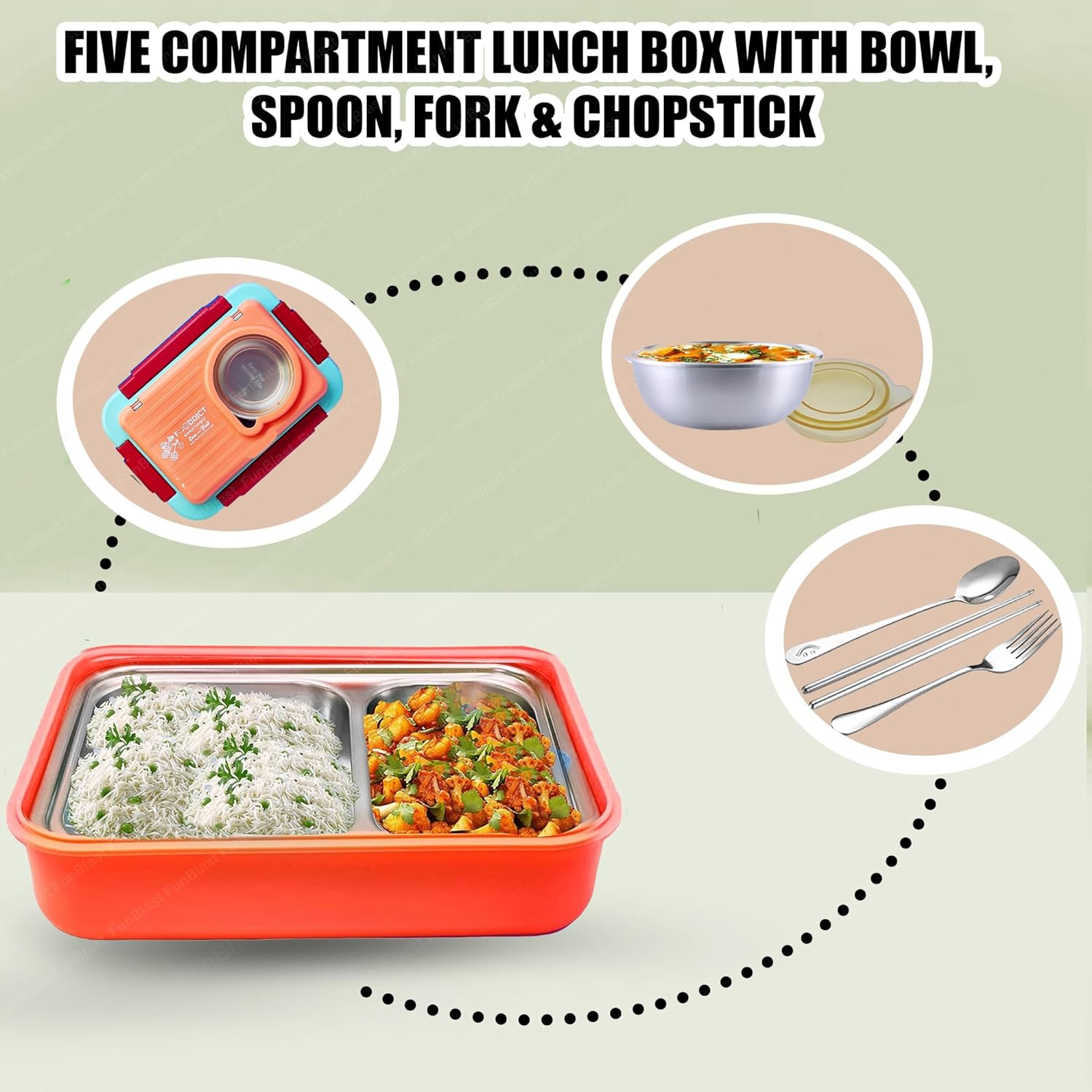 Lunch Box for Kids – Tiffin Box, Stainless Steel Lunch Box, Insulated Bento Lunch Box for Kids, 5 Compartment Lunch Box with Bowl, Spoon, Fork & Chopstick (Peach)