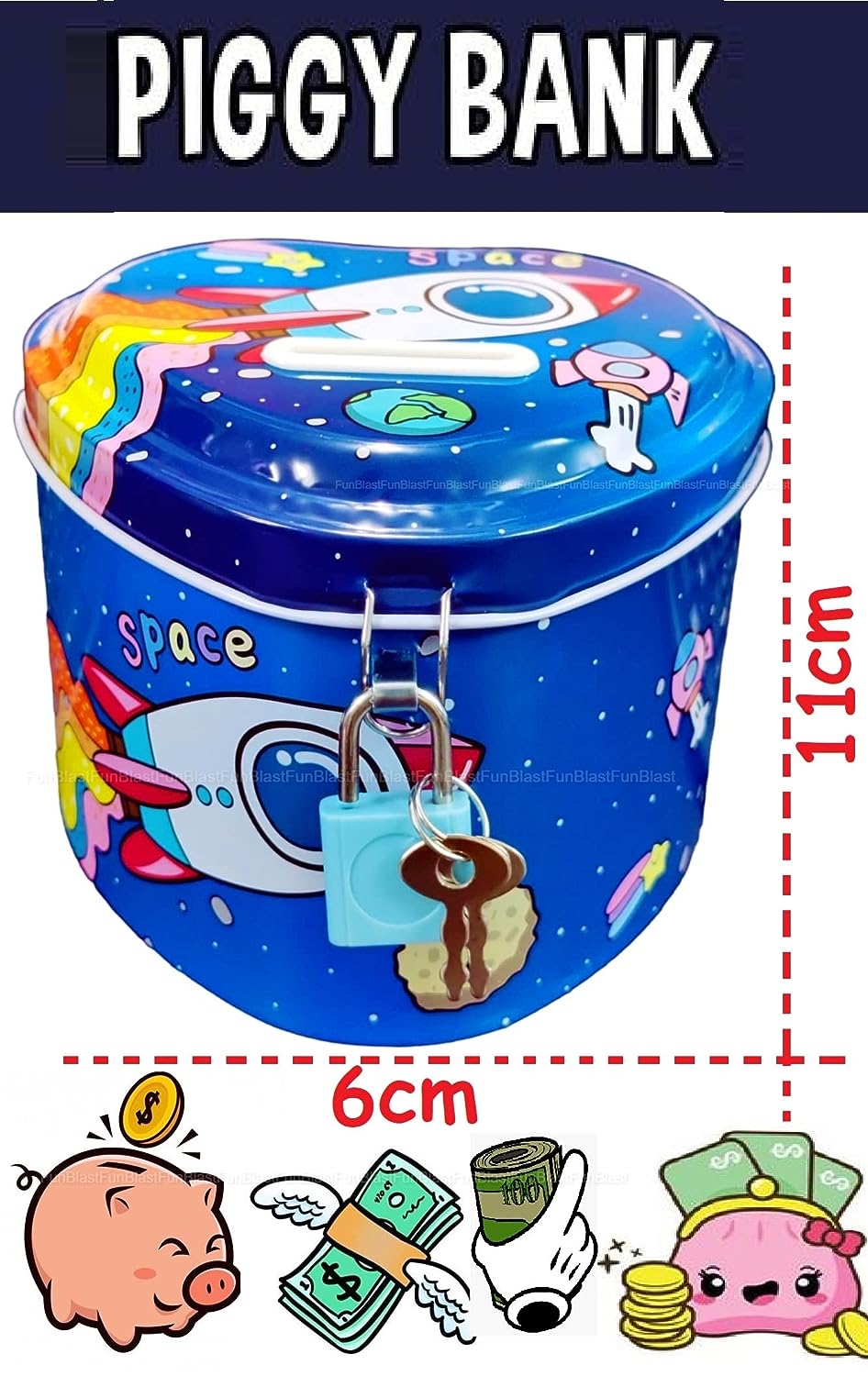 Piggy Bank for Kids – Space Money Saving Tin Coin Bank with Lock and Key – Birthday Return for Boys & Girls, Money Bank, Coin Box for Kid