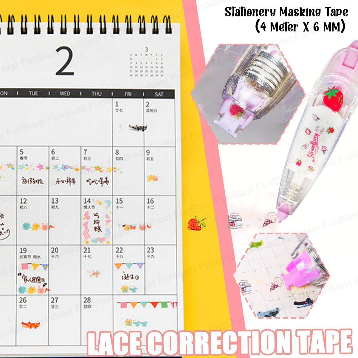 Decoration Tape Cute Novelty Sticker Pen Machine Decorative Correction Tape for Scrapbooking Diary Planner Journal DIY Crafts Stationery Masking Tape (4 Meter X 6 MM) (Random Design)