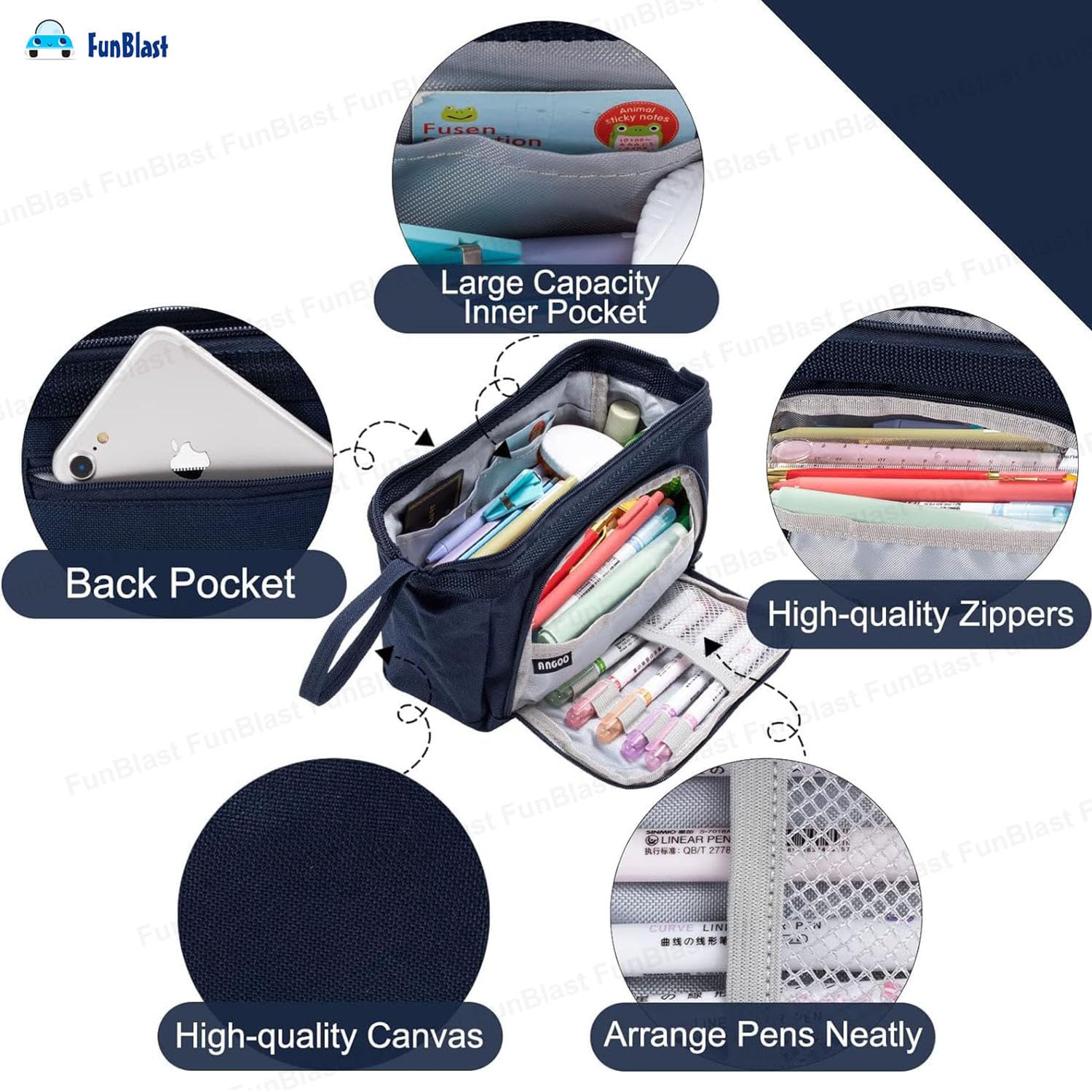 Multipurpose Zipper Pencil Pouch for Kids (Navy Blue)