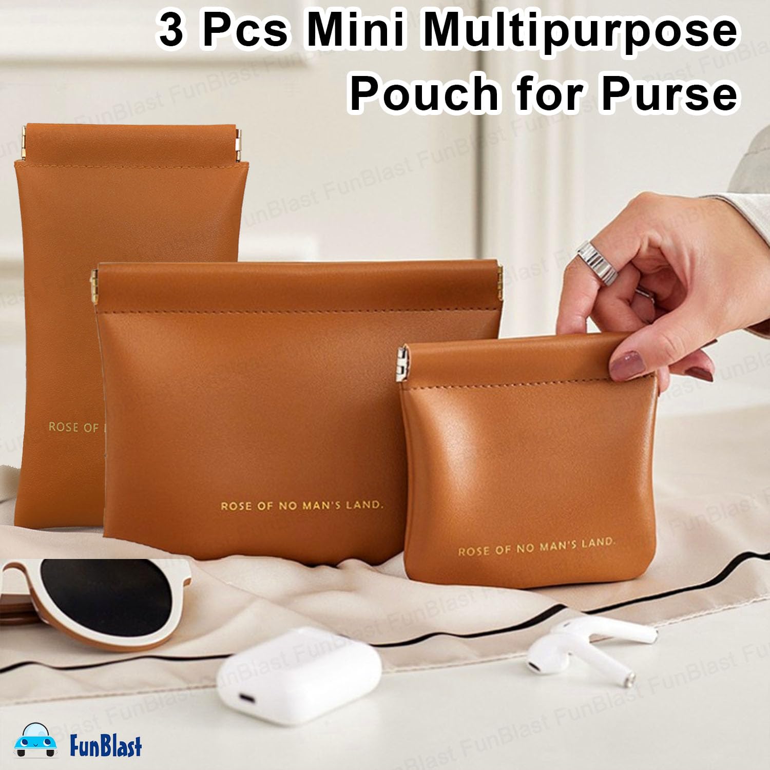3 Pcs Mini Multipurpose Makeup Pouch for Girls & Women (Brown)