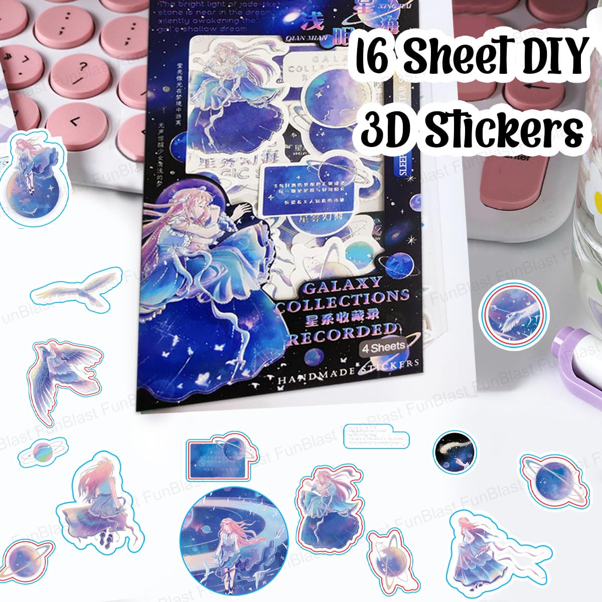 Kawaii Stickers Set – 16 Sheet (100+ Pcs) DIY 3D Stickers for Girls, Aesthetic Sticker, Stickers for Journaling (GalaxyCollections-4X4=16Sheet)