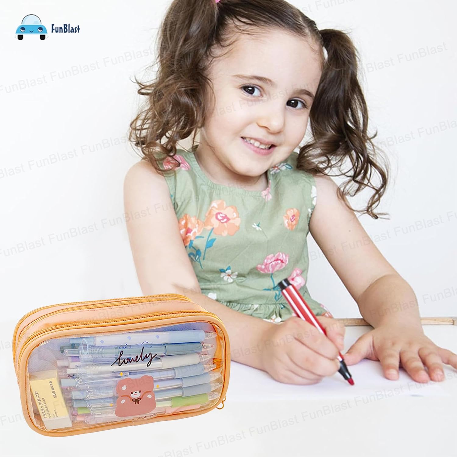 Portable Pencil Pouch with Zipper Closure for Kids (Beige)