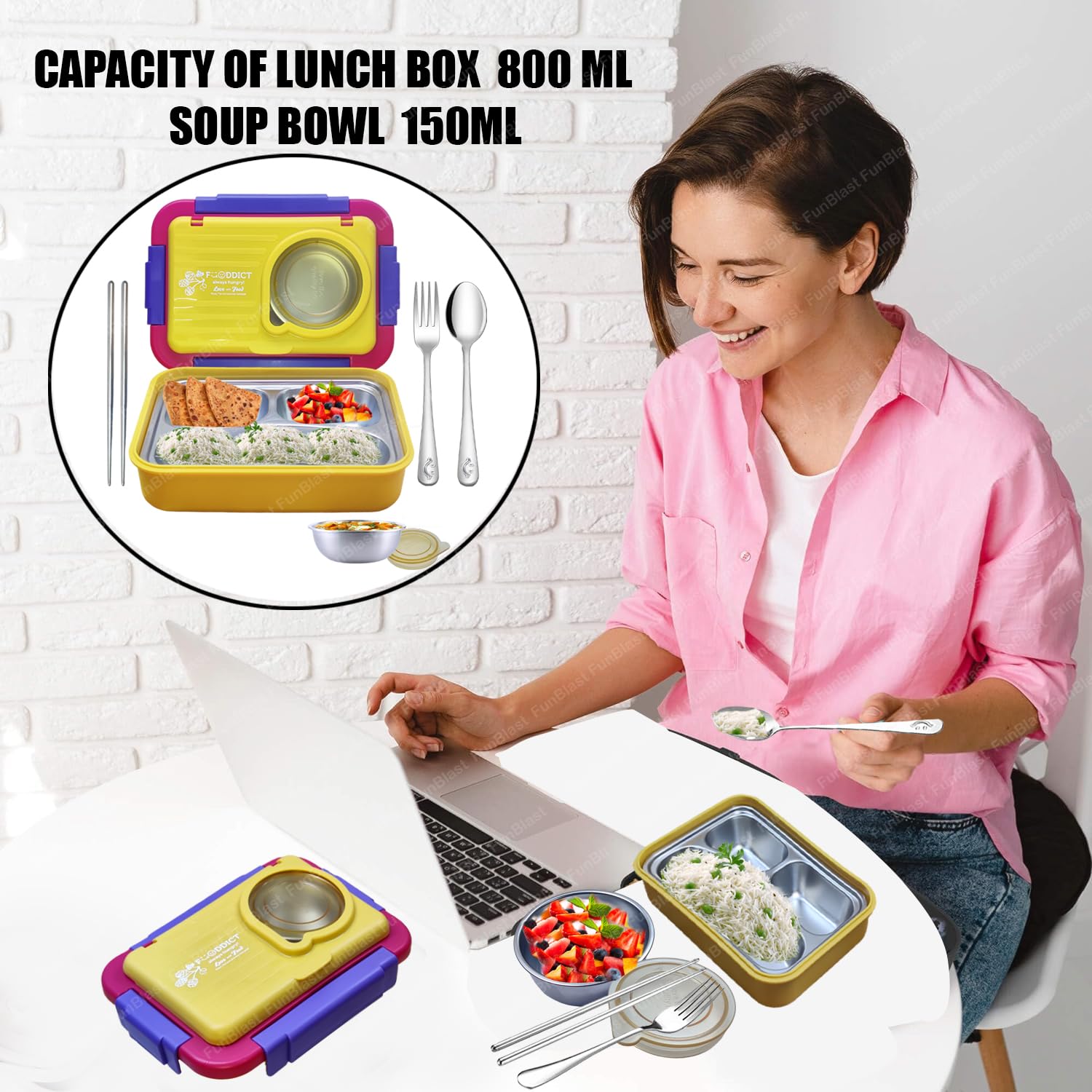 Lunch Box for Kids – Stainless Steel Lunch Box, 6 Compartment Lunch Box with Bowl, Spoon, Fork & Chopstick, Tiffin Box, Insulated Bento Lunch Box for Kids (Yellow)