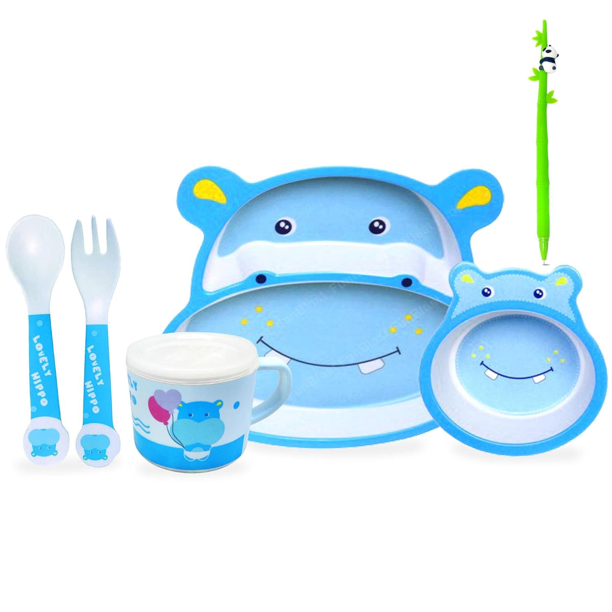 Bamboo Fiber Feeding Tableware Set for Kids – Hippo Design Bamboo Fiber Plate, Bowl, Cup, Spoon and Folk Kids Feeding Set