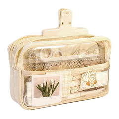 Multiple Compartment Double Zipper Pencil Pouch for Kids (Beige)