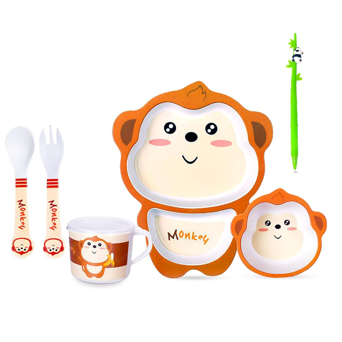 Bamboo Fibre Feeding Tableware Set for Kids – Monkey Design Bamboo Fibre Plate, Bowl, Cup, Spoon and Fork for Kids